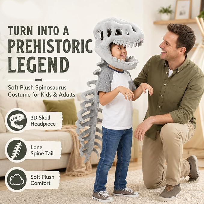 3D Dinosaur Skeleton Plush Hat with Long Spine Tail, Funny Giant Dino Bone Headwear, Halloween Cosplay Costume Novelty Photo Prop Party Dress-up Accessory