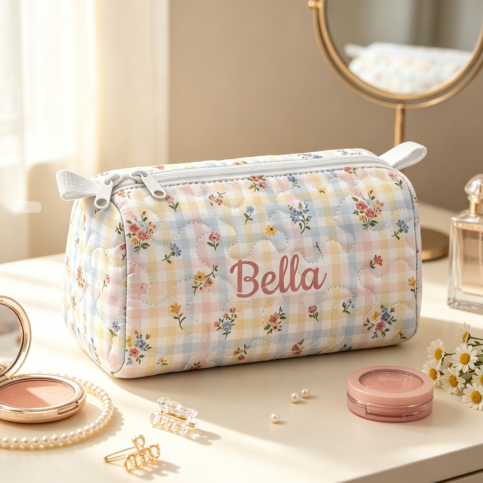 Personalized Quilted Makeup Bag Floral with Custom Name Gift for Her