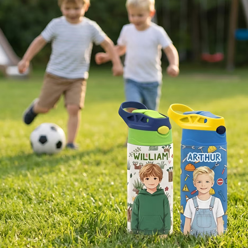 Personalized Multicolor Excavator Animal 12 oz Insulated Kid Water Bottle with Name and Photo Back to School Birthday Gift for Boys Girls Kids