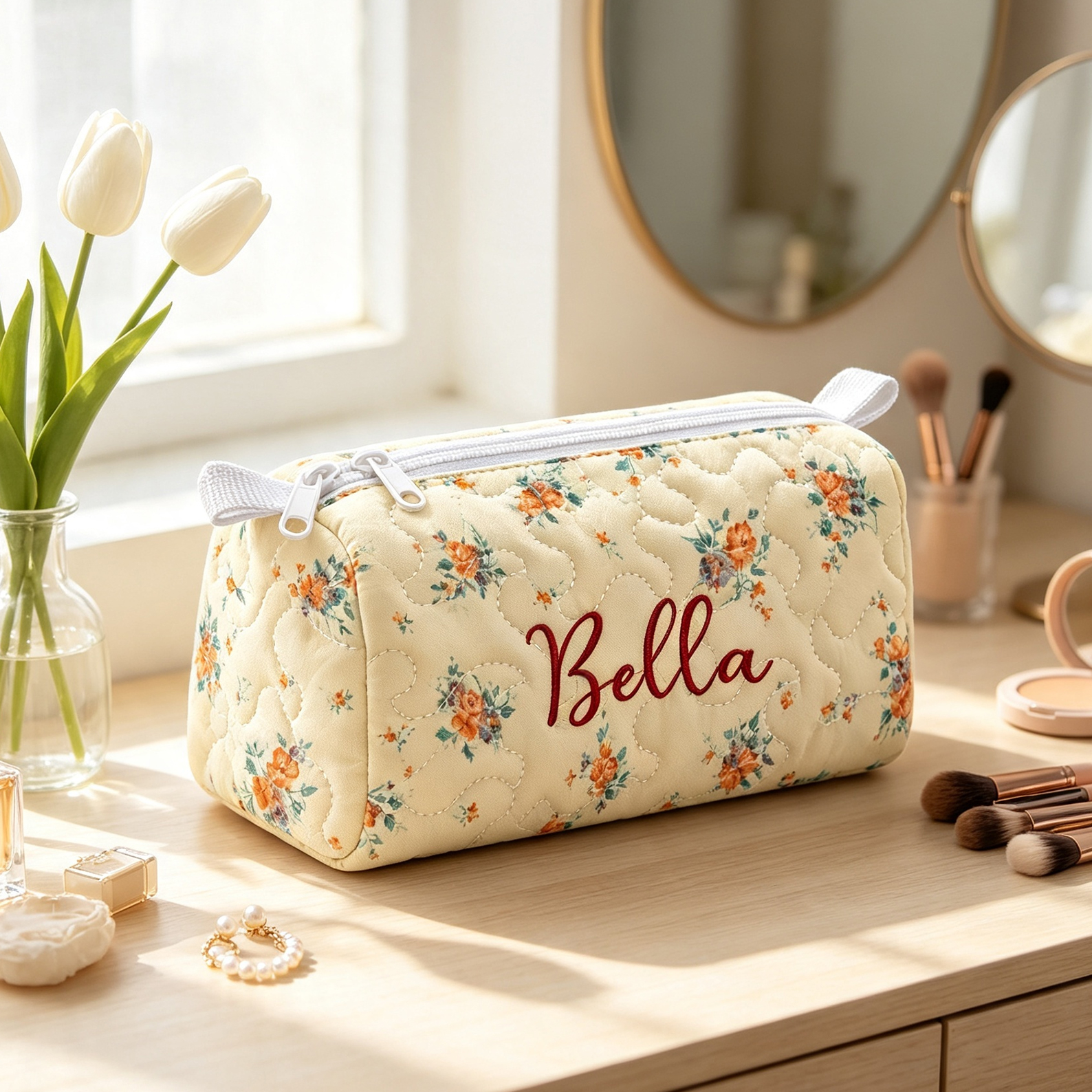 Personalized Quilted  Makeup Bag Custom Name Cosmetic Bag Quilted Toiletry Pouch Gift for Her
