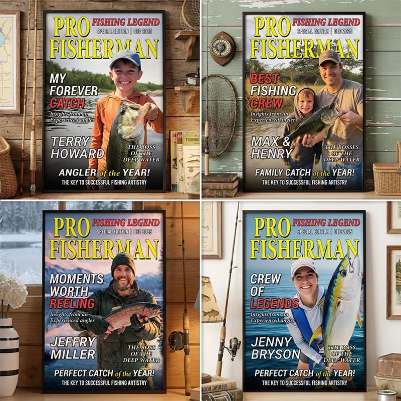 Personalized Photo Magazine Vertical Poster for Dad Grandpa Custom Canvas Photo Poster Birthday Fishing Gifts For Fisherman