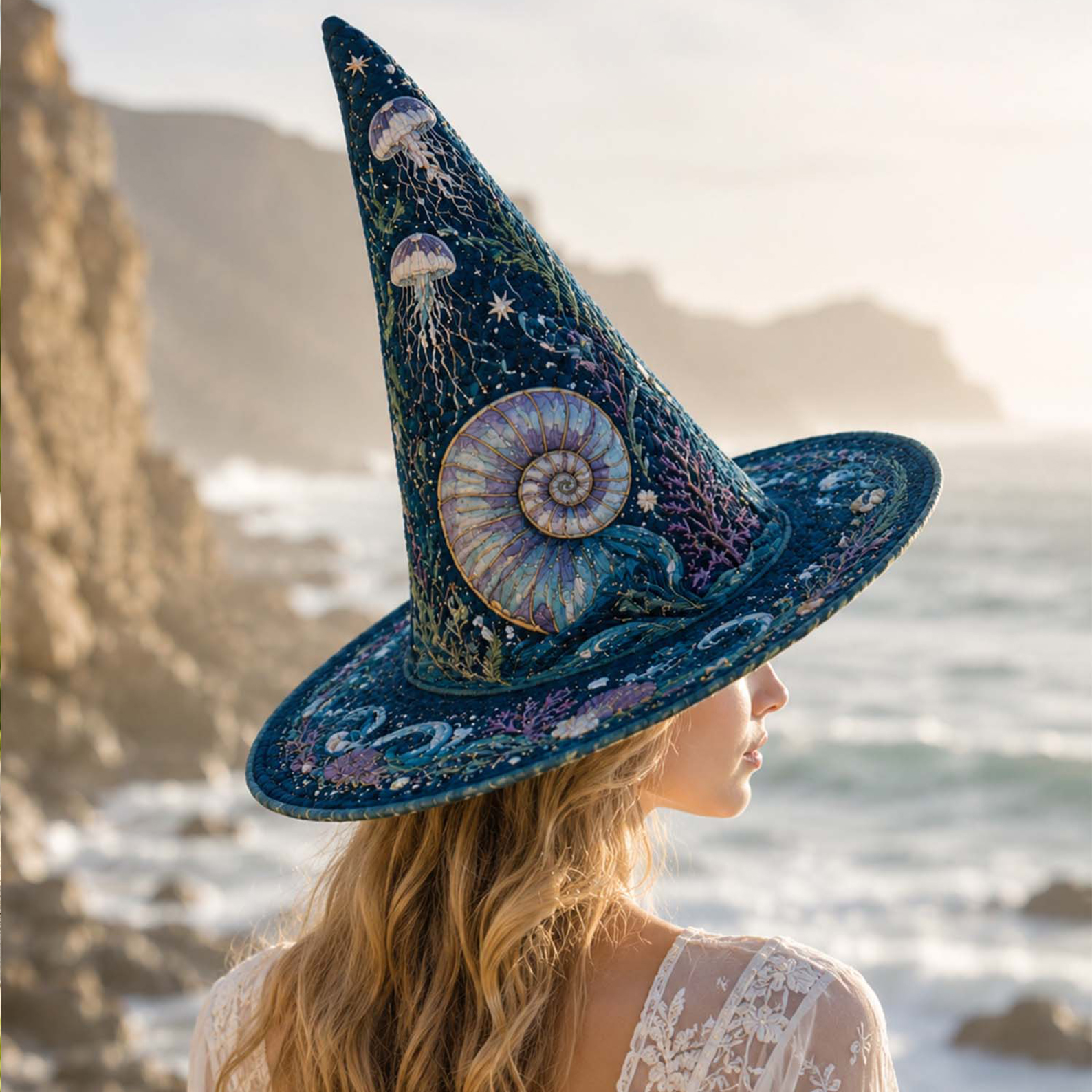 Deep Sea Mermaid Coastal Gothic Handcrafted Quilted Witch Hat