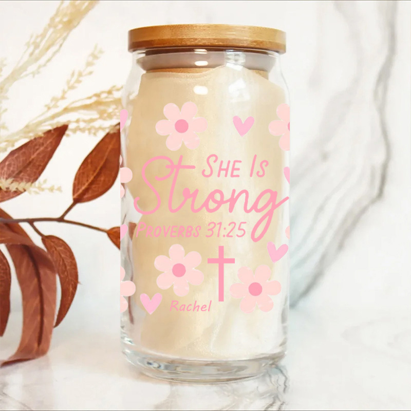 Personalized She is Strong Proverbs 31:25 Glass Cup with Lid and Straw Floral and Cross Custom Name Coffee Cup Inspirational Gift for Christian Women