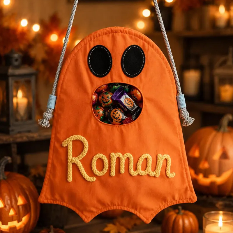 Personalized Rope Embroidery Ghost Halloween Candy Bag Custom Name Trick or Treat Bucket
