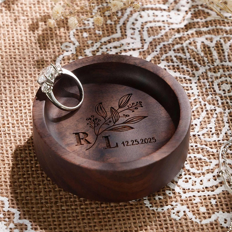 Personalized Walnut Wooden Ring Dish, Wedding Month Flower Ring Holder, Valentine’s Day Gift, Wedding, Engagement, Anniversary Gift for Her