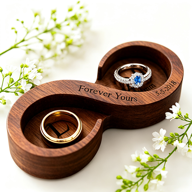Personalized Infinity Walnut Wooden Ring Dish, Wedding Month Flower Ring Holder, Valentine’s Day Gift, Wedding, Engagement, Anniversary Gift for Her