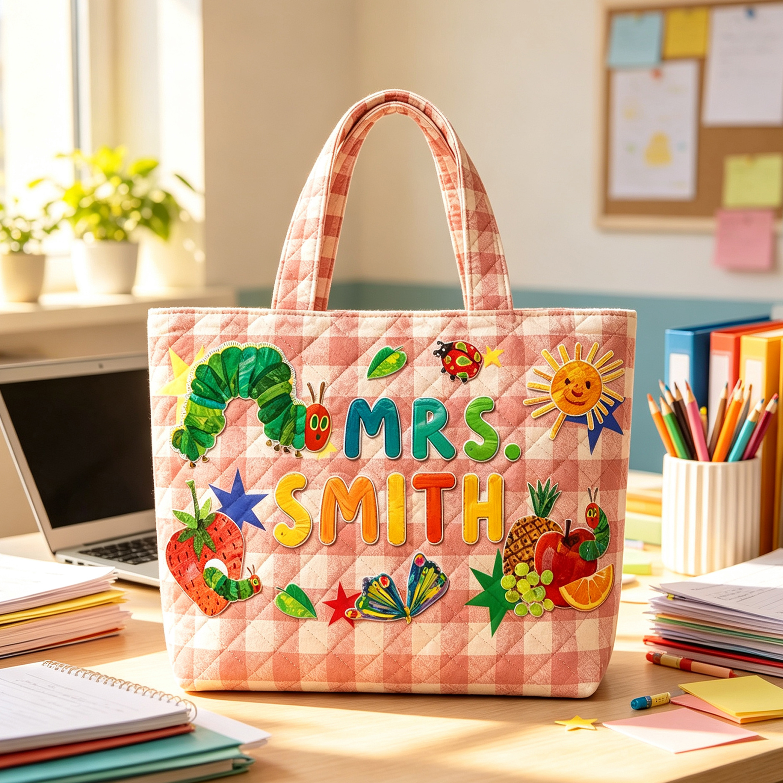 Personalized Caterpillar Teacher Quilted Tote Bag Custom Name Bug Classroom Bag Back To School Teacher Gift