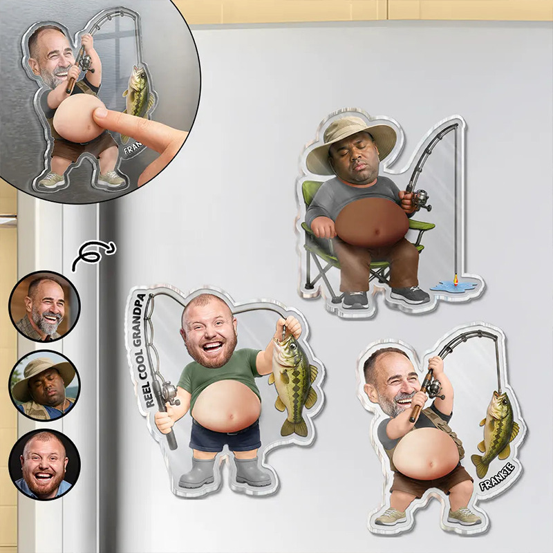 Personalized Photo Reel Cool Dad Bod Custom Squishy Acrylic Fridge Magnet Dad Birthday Gift Fishing Lover Gift