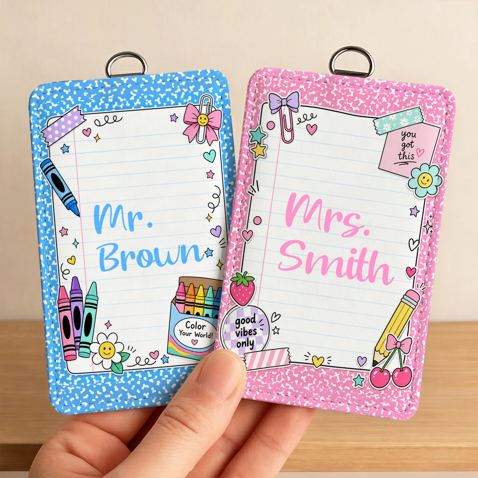 Personalized Preppy Style Doodle School Card Holder with Custom Name Daily Use Teacher's Day Back to School Gift for Teacher