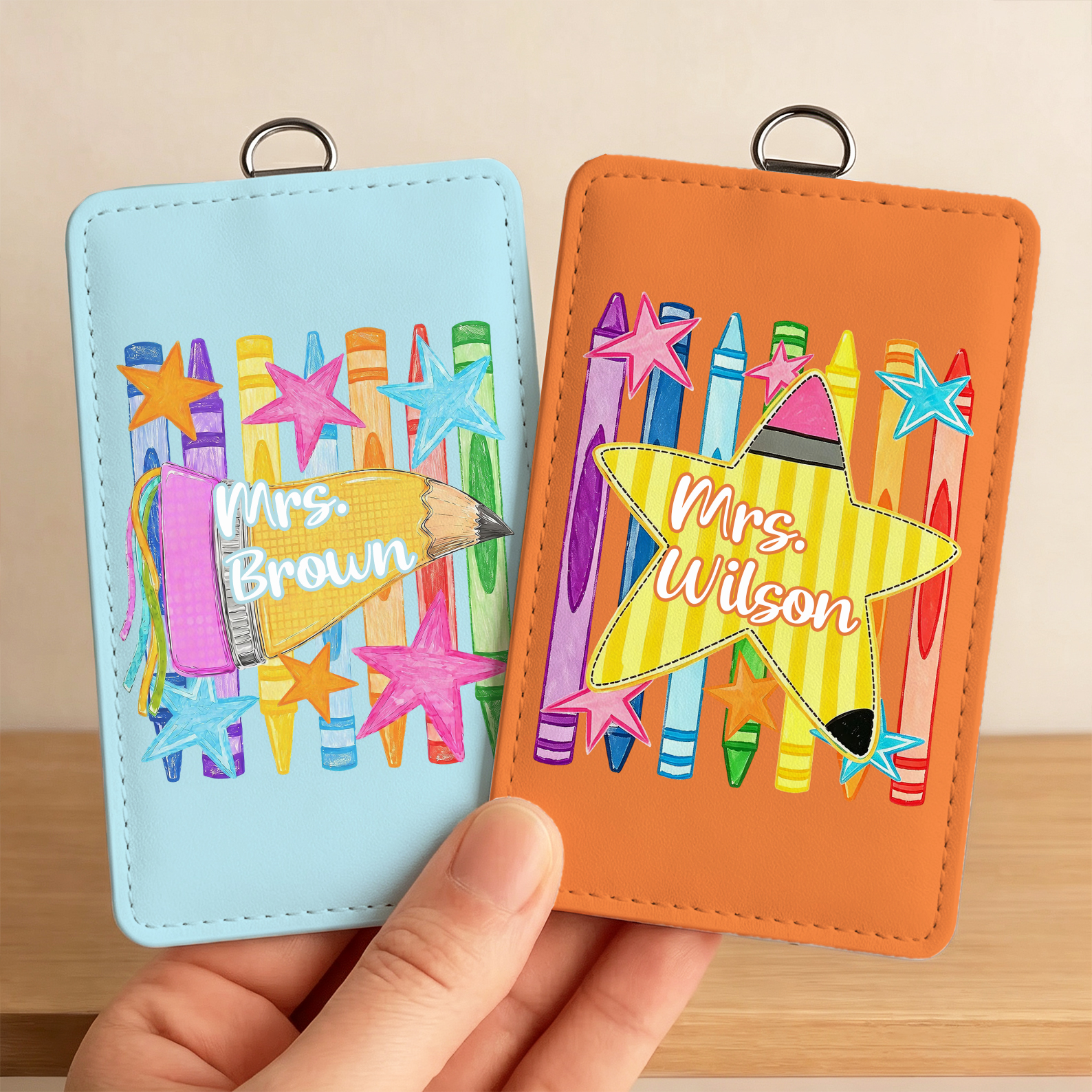 Personalized Multicolor Crayon Stars Card Holder with Title & Surname Teacher's Day Appreciation Birthday Gift for Teachers