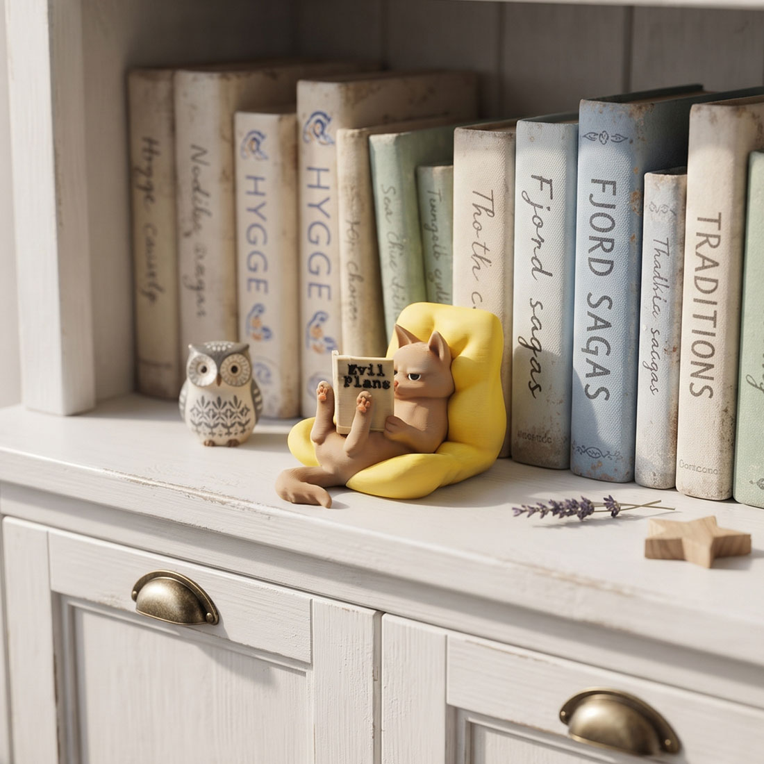 Evil Plans Reading Cat Figurine 3D Printed Grumpy Cat with Book Funny Desk Decor & Gift for Cat Lovers