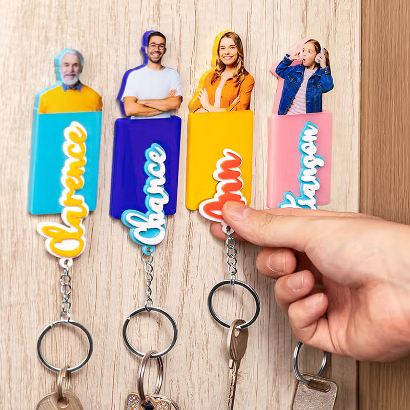Personalized Acrylic Name Keychain with Photo Family Wall Key Holder Set House Decor Birthday Housewarming Gift for Family
