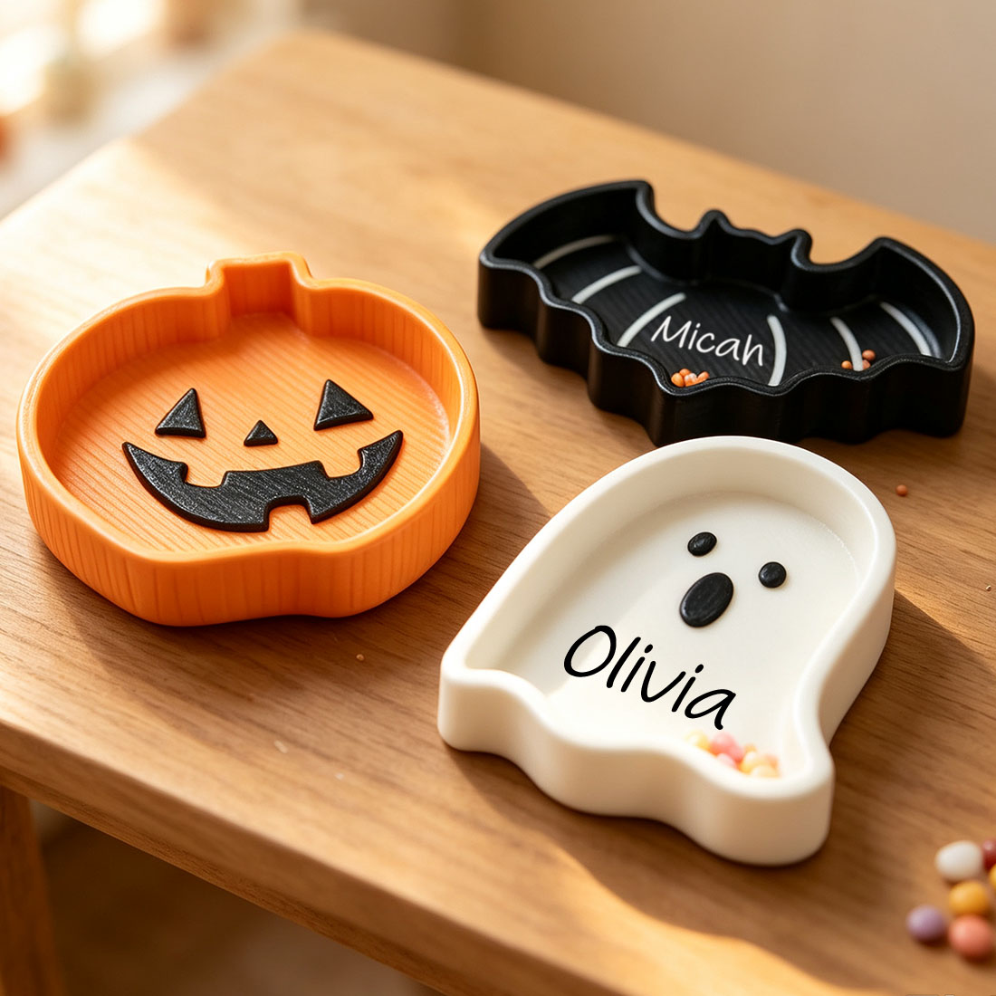 Personalized Halloween Trinket Dish 3D Printed Pumpkin Bat & Ghost Candy Tray Custom Name Spooky Season Gift