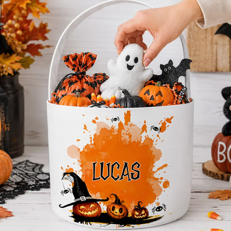 Personalized Halloween Trick Or Treat Bucket Custom Candy Pail With Name Reusable Kids Pumpkin Ghost Treat Tote