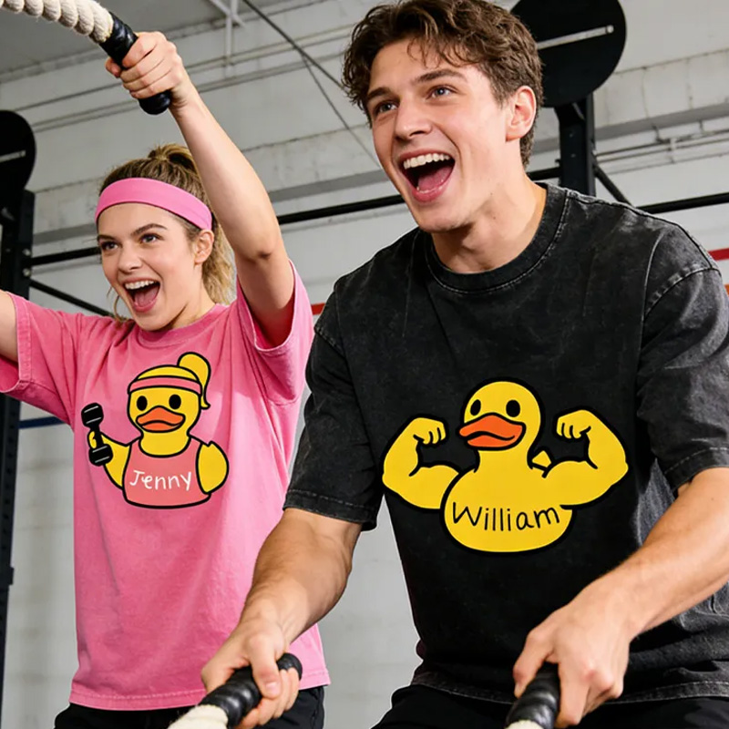 Personalized Washed T-Shirts Fitness Couple Funny Muscle Arm Duck with Name T-Shirt for Gym Lovers