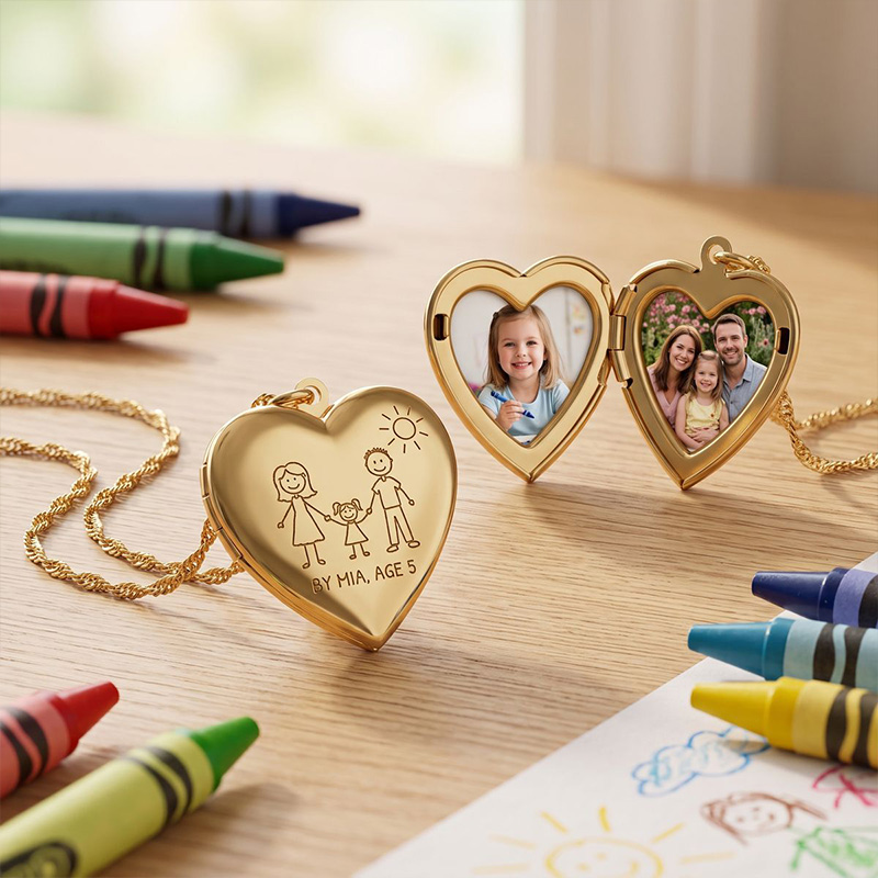 Personalized Kids Drawing Photo Locket Necklace Custom Child's Drawing Heart Locket Necklace for Mom Family Gift