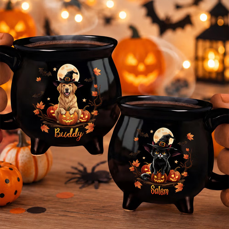 Personalized Halloween Style Pet Photo Pumpkin Cauldron Ceramic Coffee Mug with Name and Handle Halloween Party Birthday Gift for Pet Owners Lovers