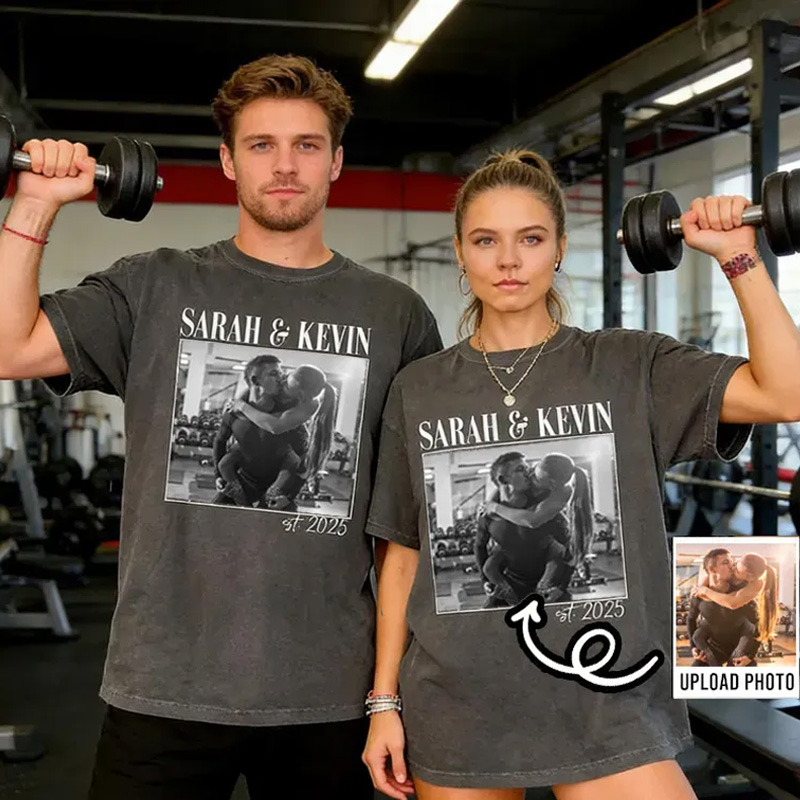 Personalized Weightlifting Couple Classic T-Shirt  Couple Shirt Custom Photo Engagement Comfort Colors Shirt Vintage Couple Picture Shirt for Gym Lover