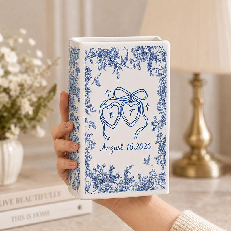 Personalized Wedding Ceramic Book Vase Toile de Jouy Vase Bridal Shower Gift Custom Wedding Vase Couple Wedding Gift Anniversary Gift