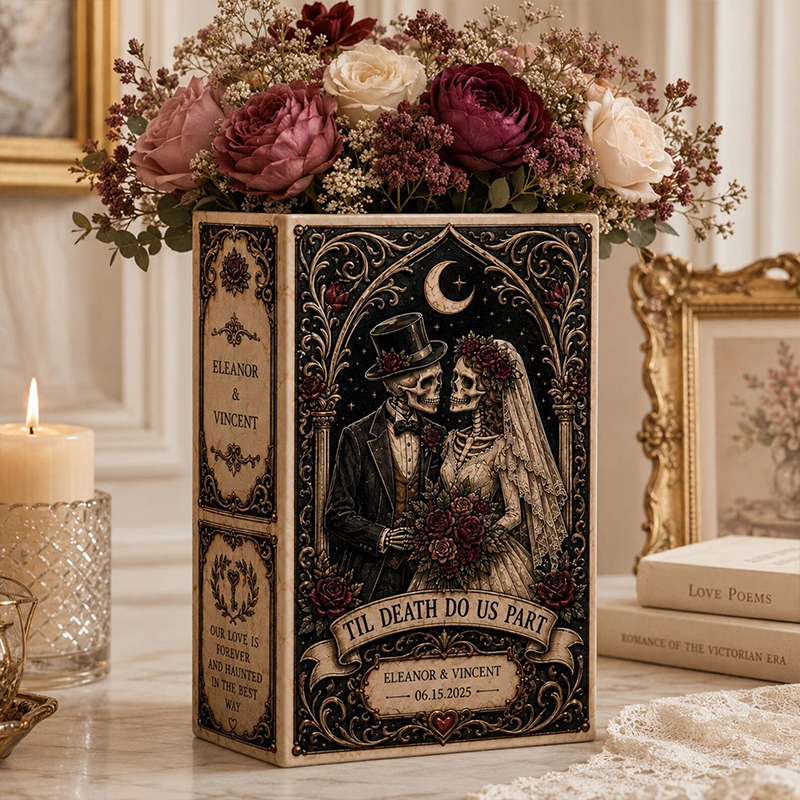 Personalized Gothic Book Vase, Custom Skeleton Bride and Groom Wedding Vase, Dark Romance Anniversary or Newlywed Gift for Couples
