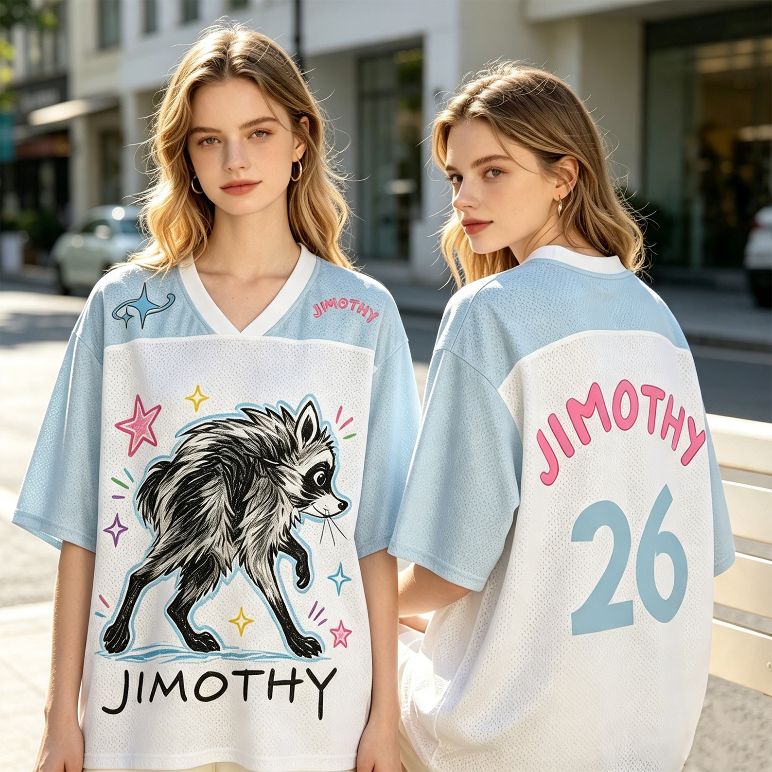 Seattle Raccoon Mesh Jersey Hand-painted Street Style Loose Unisex Top