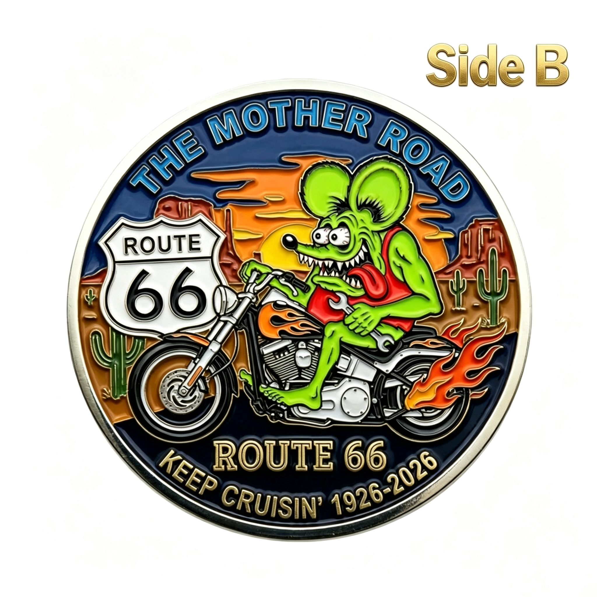 Route 66 100th Anniversary Rat Fink Challenge Coin 1926-2026,Vintage Hot Rod & Motorcycle Enamel Collectible Coin