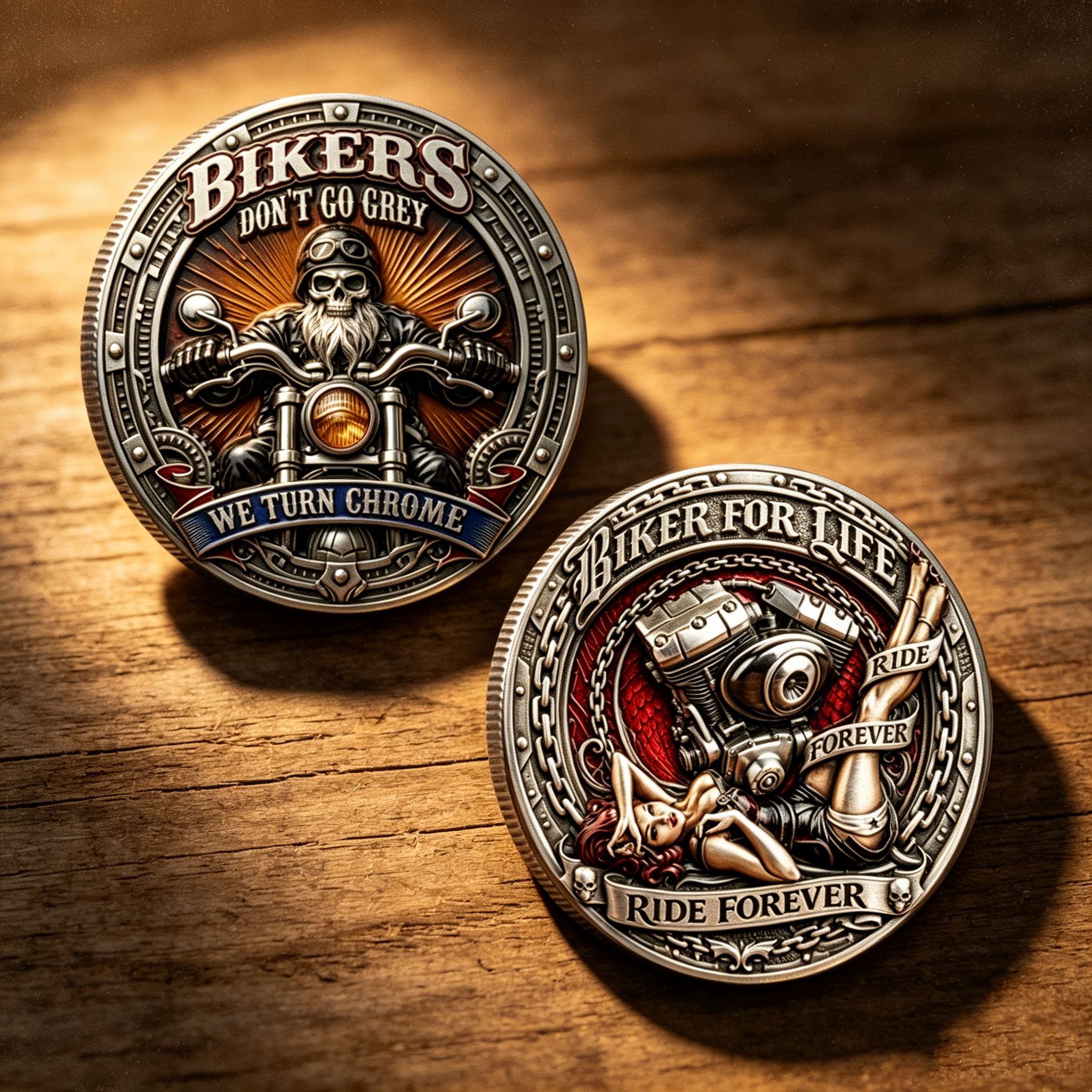 Bikers Don't Go Grey We Turn Chrome Challenge Coin, Biker For Life Ride Forever 3D Enamel Collectible Coin, Motorcycle Rider Vintage Biker Commemorative Pocket Coin