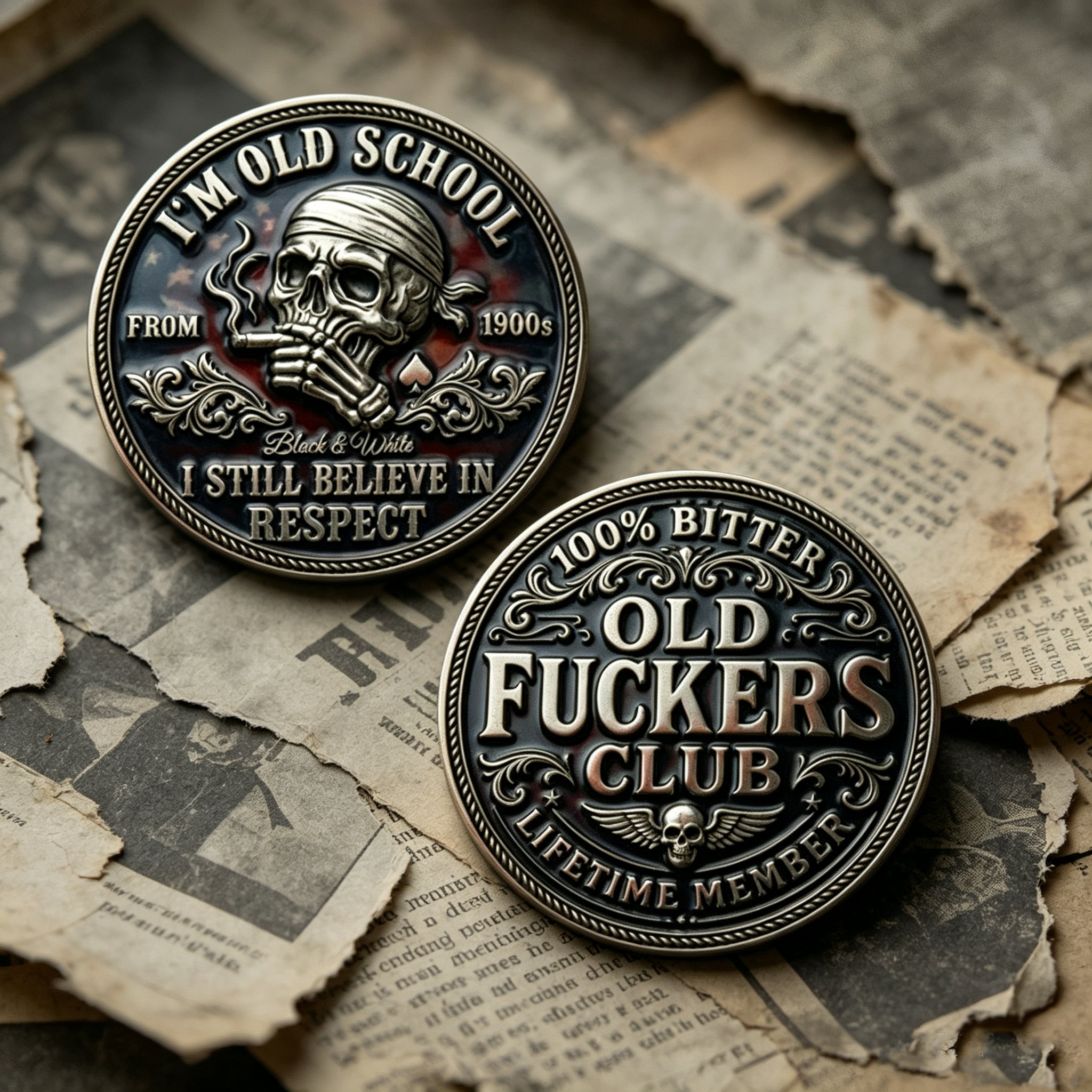 Old School Skull Challenge Coin, 100% Bitter Club Lifetime Member Collectible Coin, Vintage Skeleton Enamel Pocket Coin