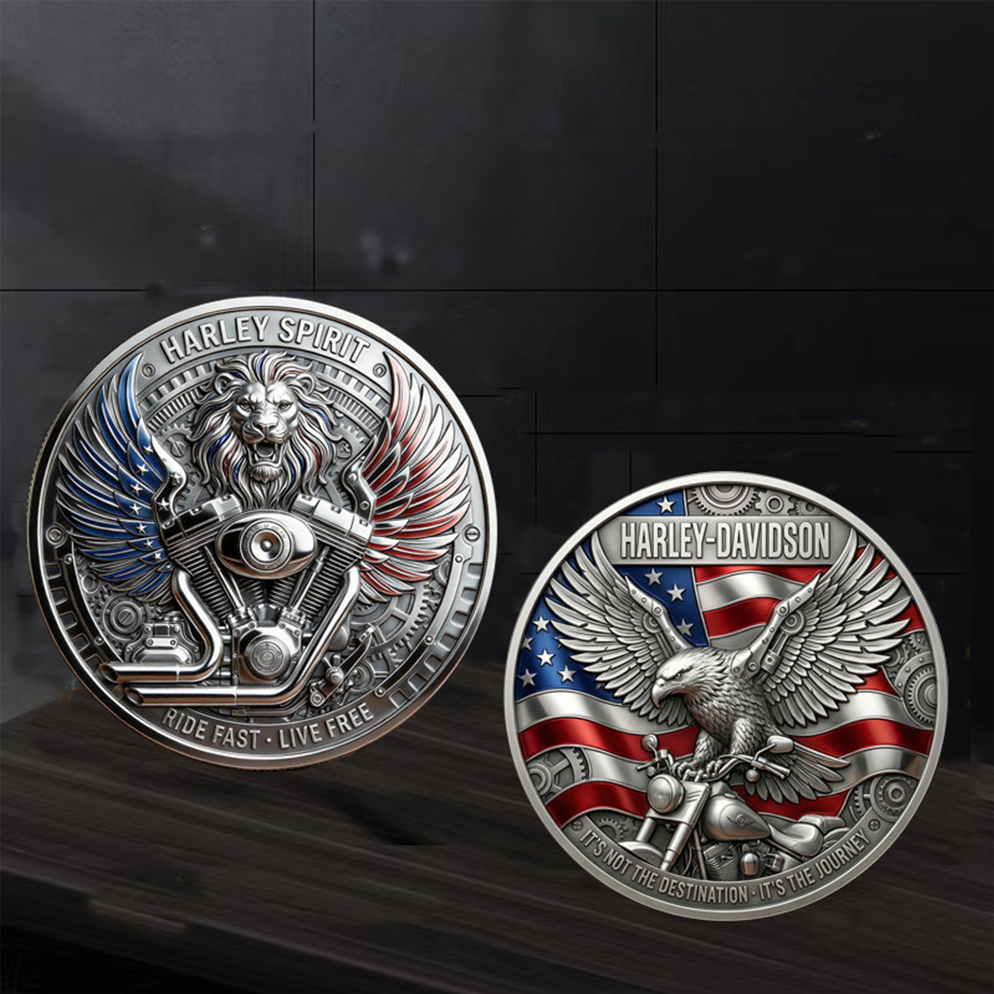 Harley Spirit Challenge Coin, Ride Fast Live Free Lion Eagle American Flag 3D Enamel Collectible Coin, Motorcycle Rider Commemorative Pocket Coin