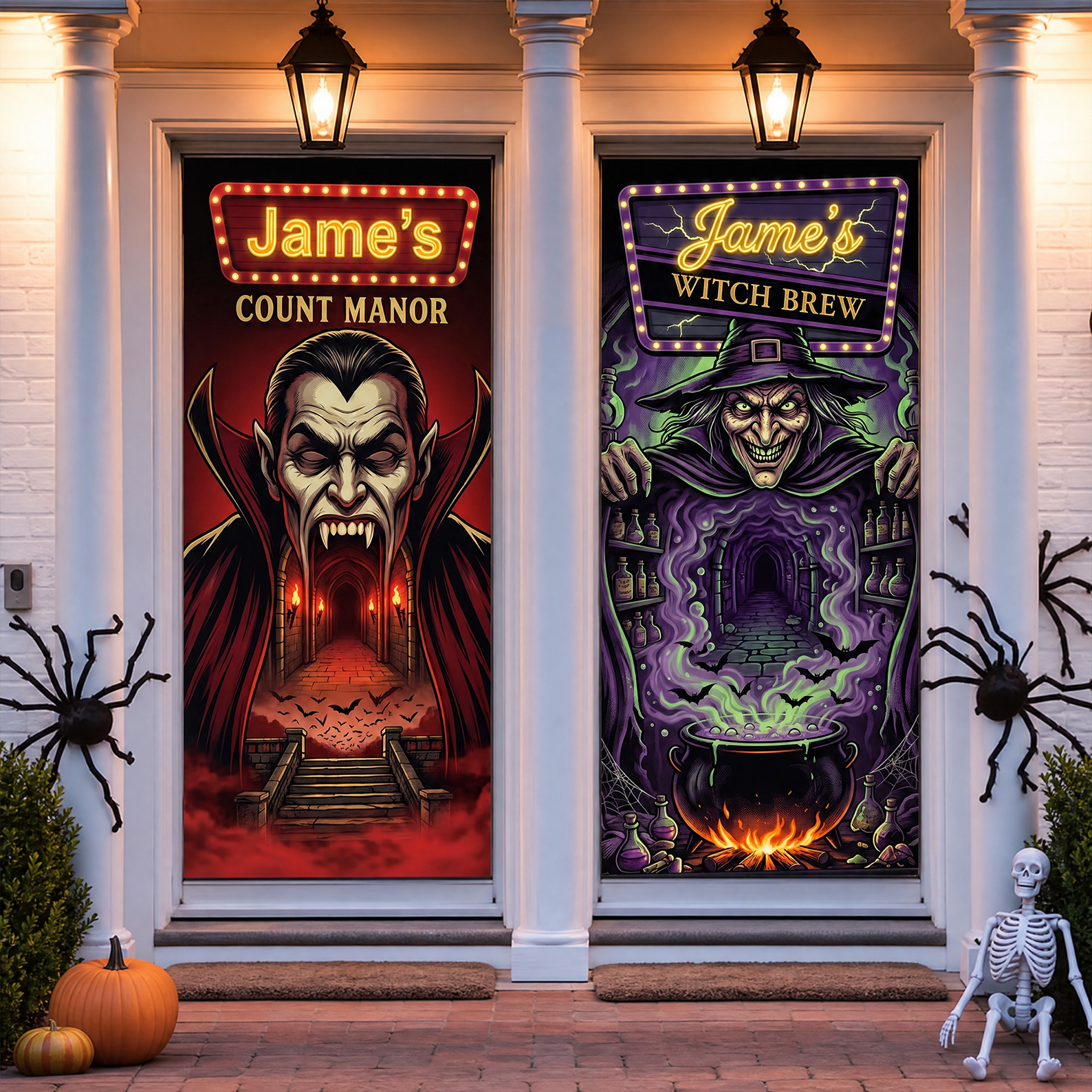 Personalized Halloween Pattern Banner Door Cover with Name Home Decor Halloween Party Gift for Family Friend