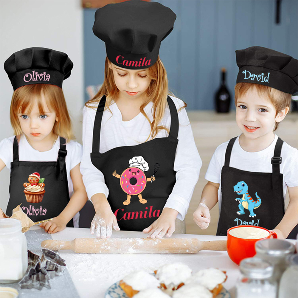 Personalized Kids Chef Apron and Hat Set Custom Name Colorful Gift for Kids