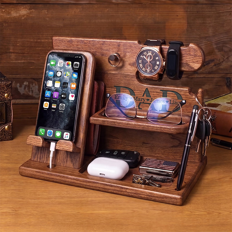 Personalized Dad Wood Docking Station with Kids Names Custom Wood Phone Docking Station Desk Organizer Engraved Phone Stand Phone Docking Station Gift for Papa Dad Grandpa Gifts