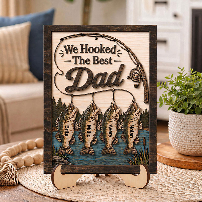 Personalized We Hooked The Best Dad Wooden Sign Custom Fishing Themed Sign with 1-6 Children’s Names Fishing Dad Grandpa Gift