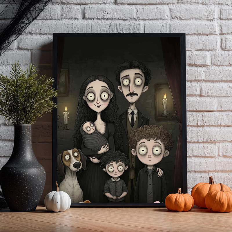 Personalized Gothic Family Portrait with Pets Custom Poster Spooky Season Halloween Wall Art Family Illustration from Your Photo