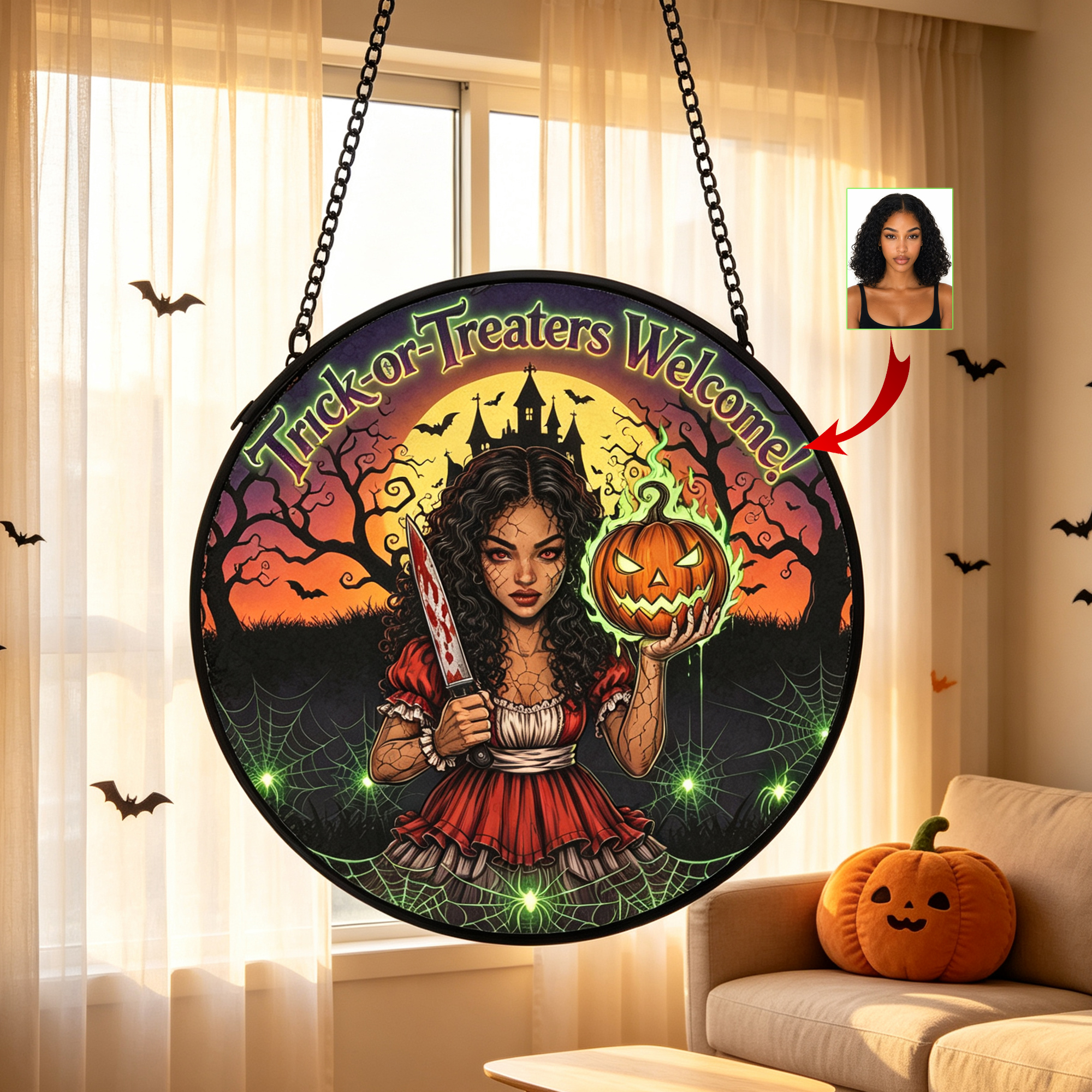 Personalized Sun Catcher Trick-or-Treaters Welcome Custom Photo Halloween Ornament