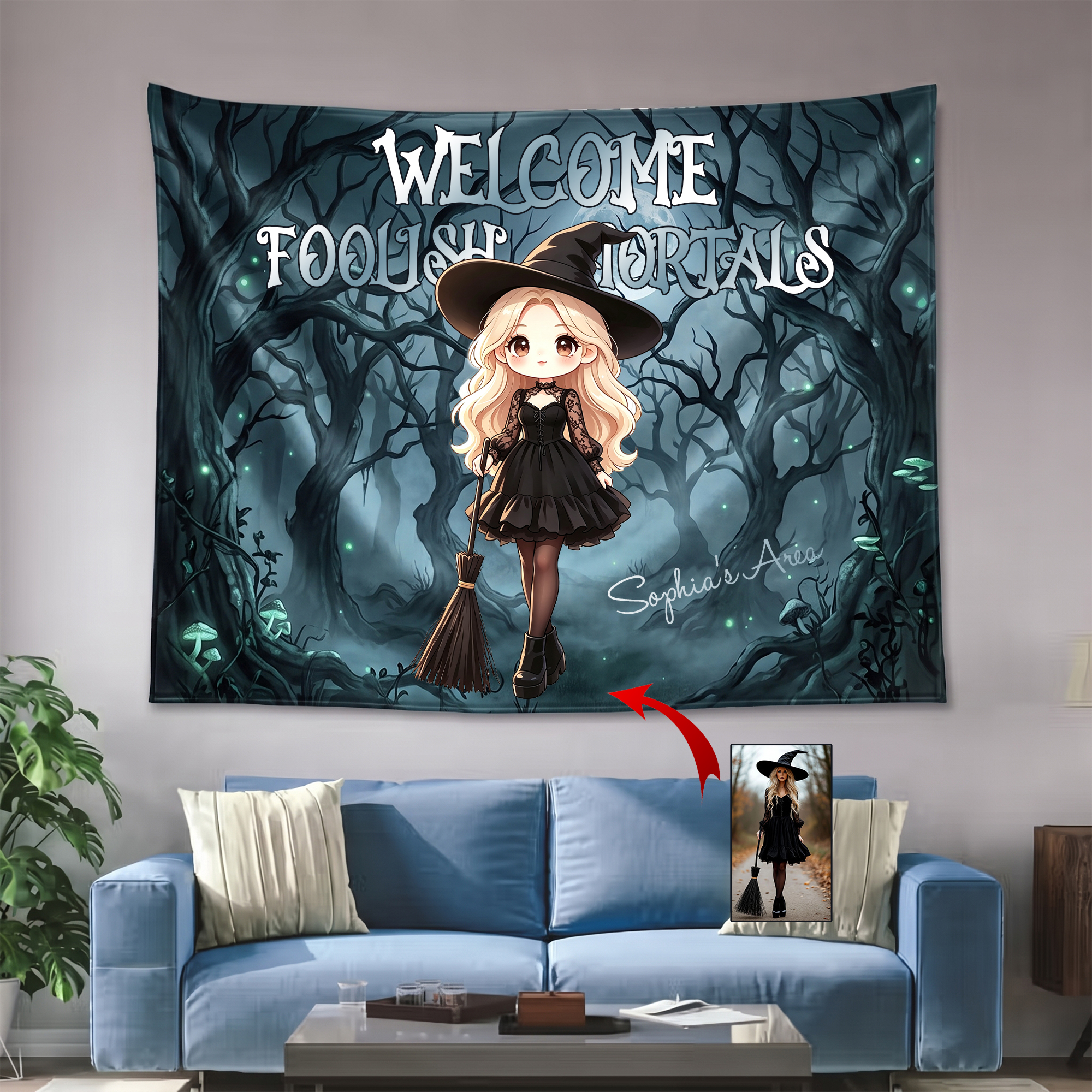 Personalized Halloween Design Tapestry with Cute Character Name Halloween Wall Decor Gift for Family