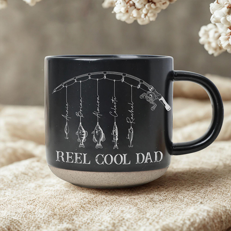 Personalized Engraved Reel Cool Dad Fishing Pottery Mug Fisher Grandpa Mug Reel Cool Papa Mug With Kids Name Fishing Lover Gift