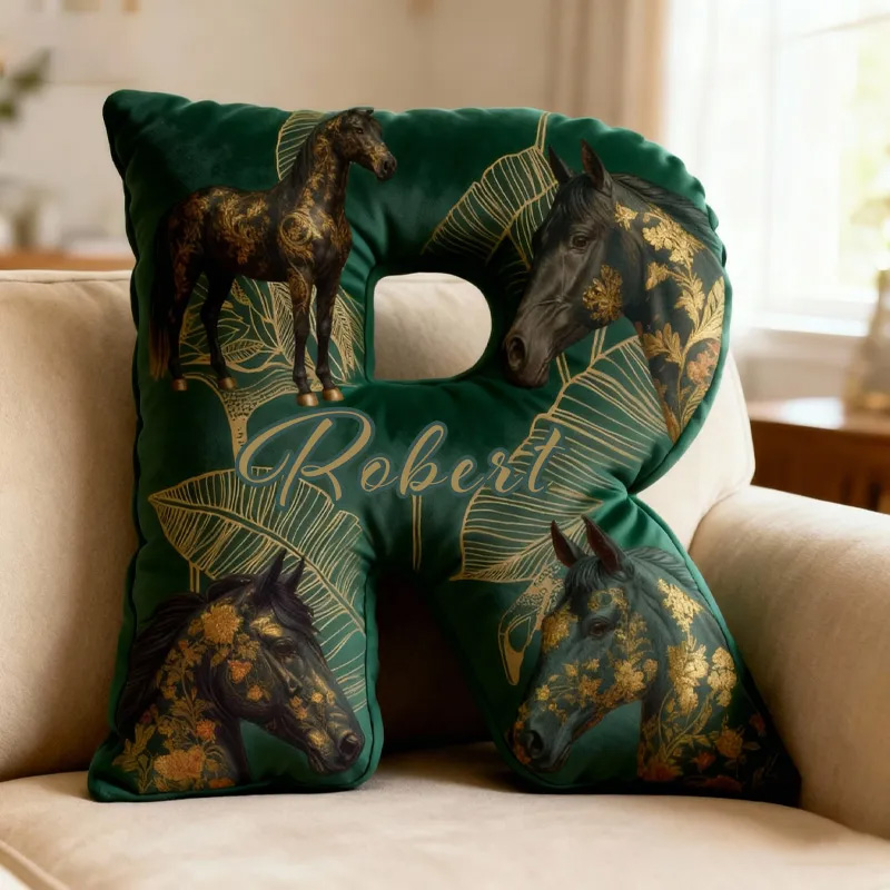 Personalized Riding Equestrian Leaves Letter Pillow Horse Custom Name Festive Golden Decor with French Countryside Gifts for Family Graphic 3D Print for Riding Lovers Equestrian Lovers