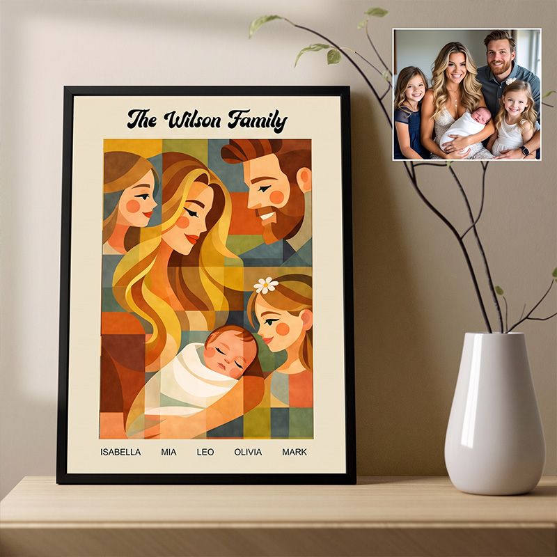 Personalized Modern Geometric Family Illustration Custom Canvas Family Poster from Photo Home Decor Gift For Family Housewarming Gift