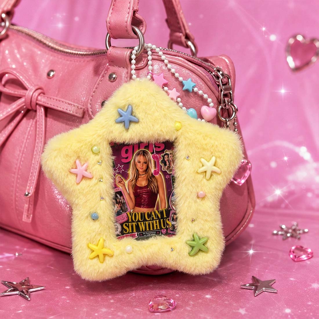 Mean Girls Fluffy Star Card Holder Keychain Y2K You Cant Sit With Us Photo Wallet Cute Bag Charm & ID Case