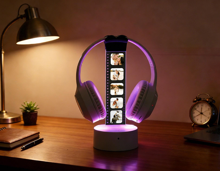 Personalized LED Headphone Stand with Lights,RGB Light Headset Holder,Custom Headphone Display with Photos,Gift for Boyfriend 