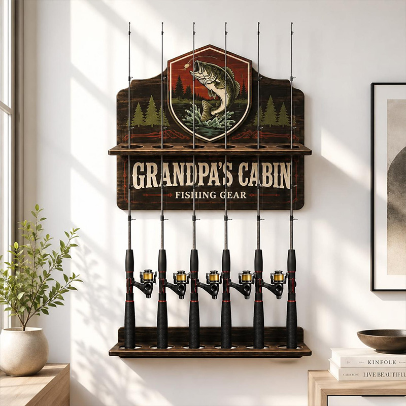 Personalized Fishing Rod Holder Fishing Rod 6-Rod Holder Custom Name Wall Mount Wood Construction Bass Fishing Station Sign Dad Grandpa Fishing Gift