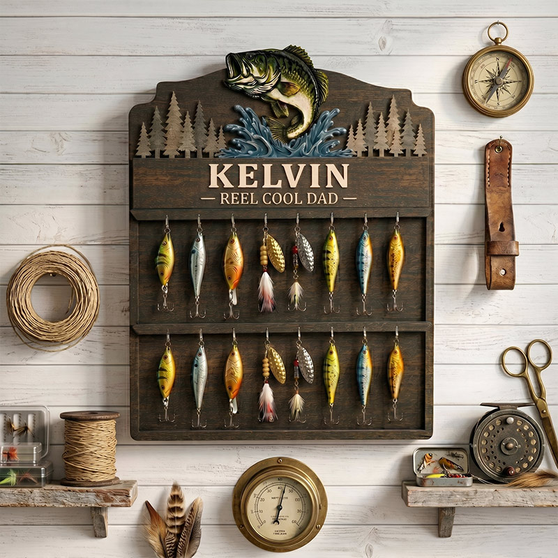 Personalized Reel Cool Dad Fishing lure Collection Holder Custom Fisherman Gift for Dad Uncle Grandpa Wooden Fishing Pole Organizer Bass Fish Wall Decor