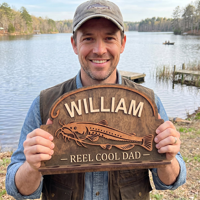 Personalized Reel Cool Dad Fishing Rod Rack 6 Rods Wooden Fishing Pole Holder Wall Mount Custom Fishing Gif Fisherman Dad Birthday Gift Man Cave Deco