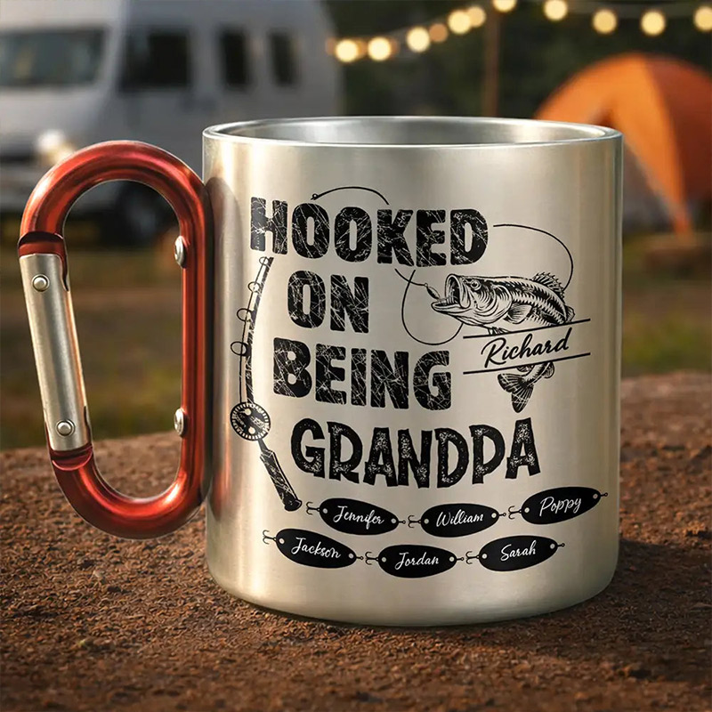 Personalized Hooked On Being Grandpa Carabiner Mug Custom Fishing Mug with Kids Names Fishing Lover Gift for Dad Grandpa