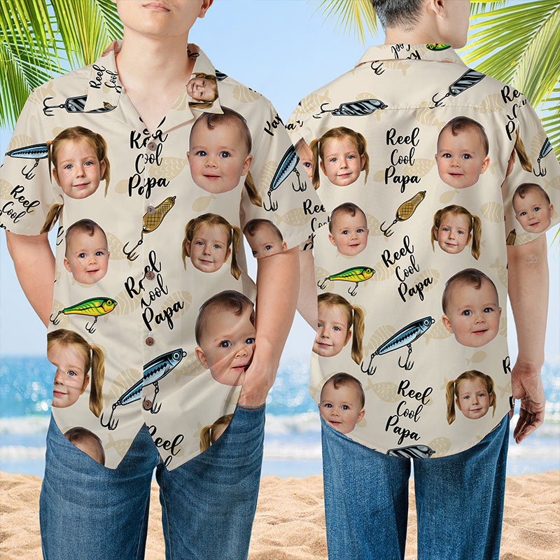 Personalized Reel Cool Papa Shirt Hawaiian Shirt With Face Custom Portrait Face Hawaiian Dad Grandpa Fishing Shirt With Kid Face Funny Papa Tee