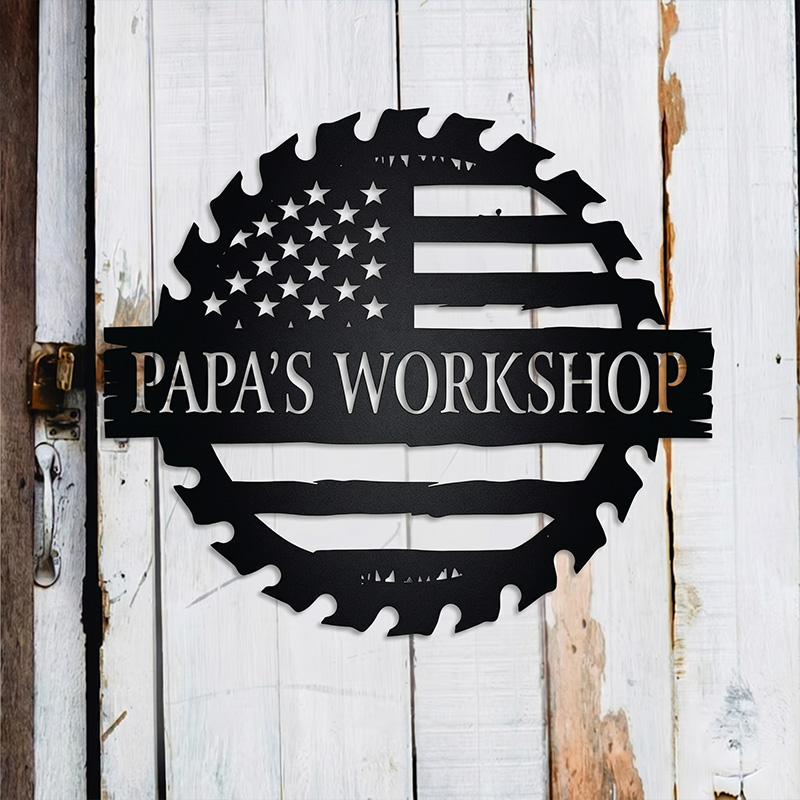 Personalized Metal Sign for Dad Custom Papa's Workshop Sign Patriotic USA Waving Flag Flag Sign Sawblade Gift for Dad Grandpa