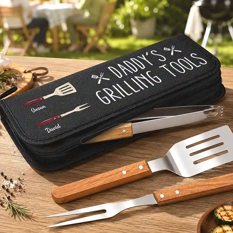 Personalized Daddy's Grilling Tools Custom BBQ Tool Set With Storage Bag Gift for Dad Grandpa