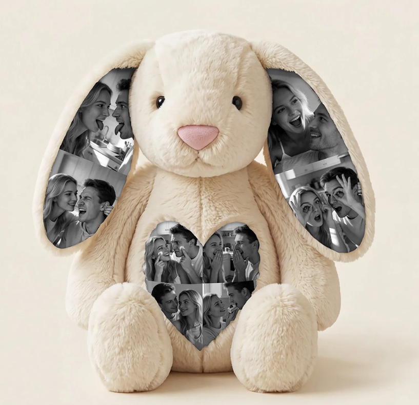 Personalized Photo Bunny Plush  Custom Hidden Ear Stuffed Animal Memory Keepsake Rabbit Gift for Couples Bestie