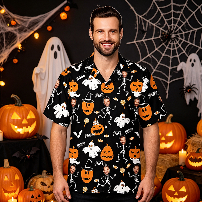 Personalized Face Halloween Hawaiian Shirt, Personalized Skeleton Shirt with Photo, Spooky Ghost Pumpkin Bat Button Down, Funny Halloween Gift